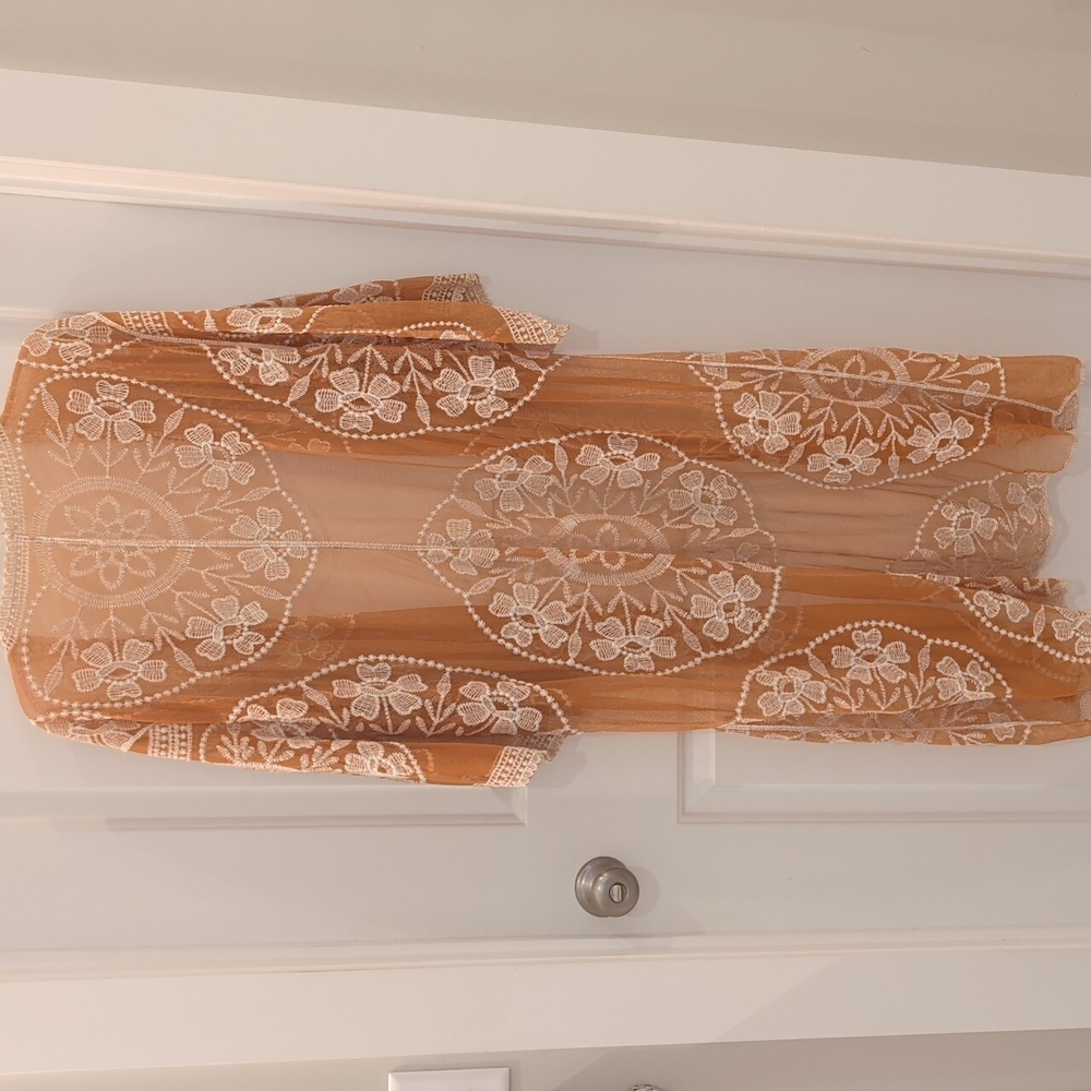 Bohemian Kimono in Mesh Tangerine With Cream Embroidery With Wide Sleeves - Picture 2 of 9
